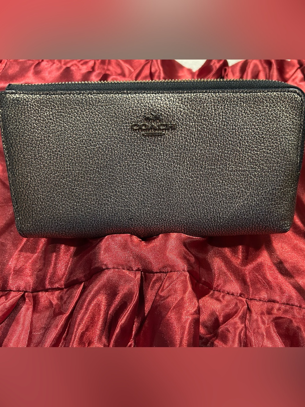 Coach Metallic Pewter Leather Zip Around Wristlet Phone Wallet Clutch